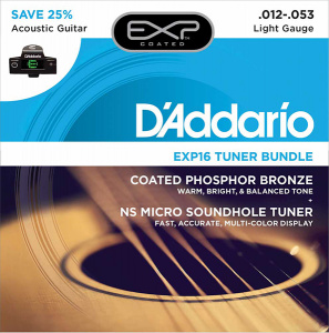 D'Addario Тюнер в резонаторное отверстие + Комплект струн для акустической гитары,12-53 EXP16-CT15