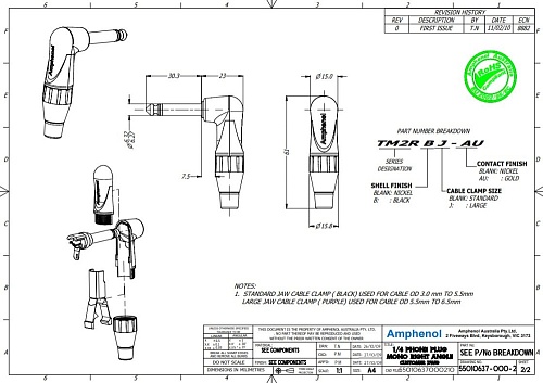 AMPHENOL TM2RBJ-AU разъем на кабель джек 6,5 мм, угловой, моно