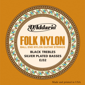 D'Addario Folk Nylon, Ball End, Black Nylon, Silver EJ32 
