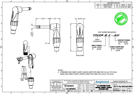 AMPHENOL TM2RBJ-AU разъем на кабель джек 6,5 мм, угловой, моно